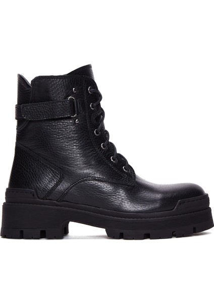 Kadın Siyah Bağcıklı Fermuarlı Kalın Tabanlı Deri Postal Bot 25WFD181918