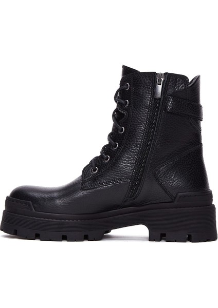 Kadın Siyah Bağcıklı Fermuarlı Kalın Tabanlı Deri Postal Bot 25WFD181918 fiyatları