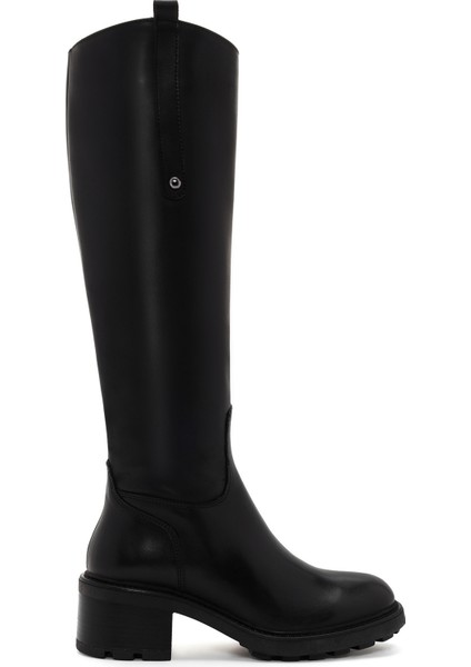 Kadın Siyah Fermuarlı Kısa Topuklu Deri Çizme 25WFD280918