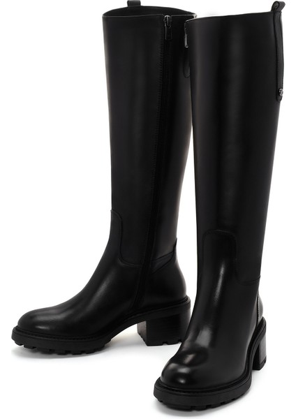 Kadın Siyah Fermuarlı Kısa Topuklu Deri Çizme 25WFD280918 modelleri