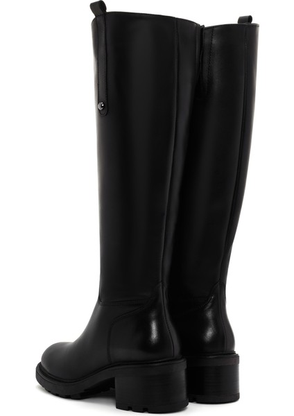 Kadın Siyah Fermuarlı Kısa Topuklu Deri Çizme 25WFD280918