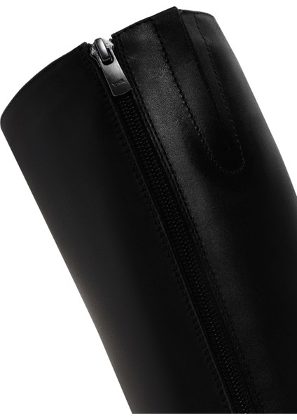 Kadın Siyah Fermuarlı Kısa Topuklu Deri Çizme 25WFD280918