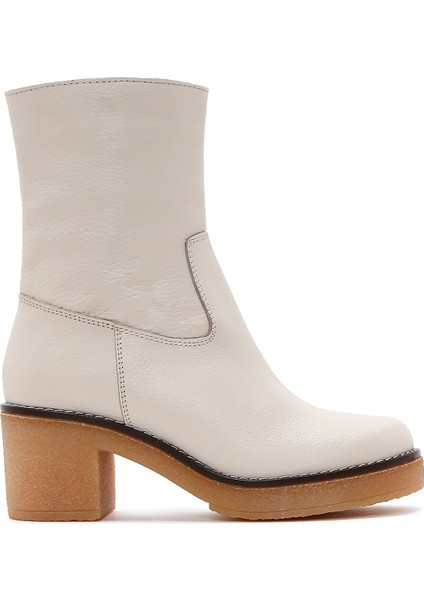 Kadın Krem Fermuarlı Kısa Topuklu Deri Bot 25WFD1513FT