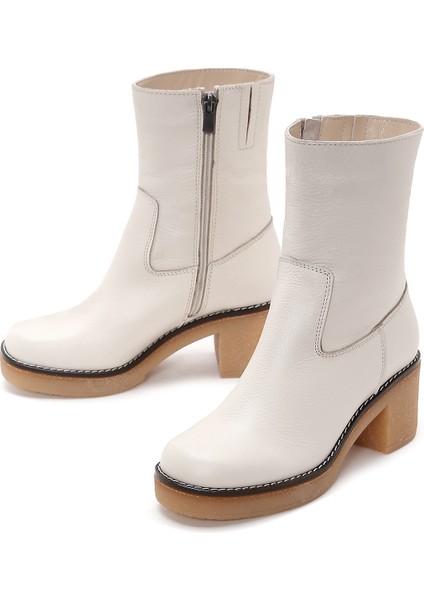 Kadın Krem Fermuarlı Kısa Topuklu Deri Bot 25WFD1513FT modelleri