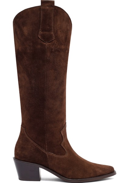 Kadın Kahverengi Kalın Topuklu Süet Deri Kovboy Çizme 25AFD152910