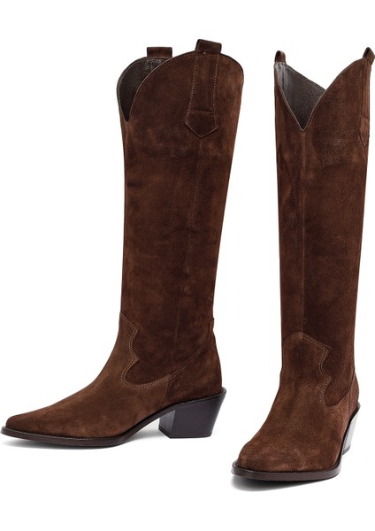 Kadın Kahverengi Kalın Topuklu Süet Deri Kovboy Çizme 25AFD152910 modelleri
