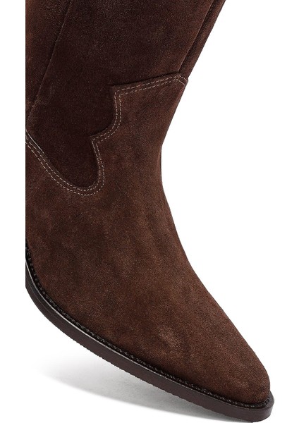 Kadın Kahverengi Kalın Topuklu Süet Deri Kovboy Çizme 25AFD152910