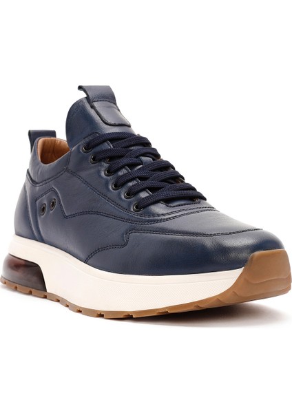 Erkek Lacivert Bağcıklı Kalın Tabanlı Deri Sneaker 25WFD642318