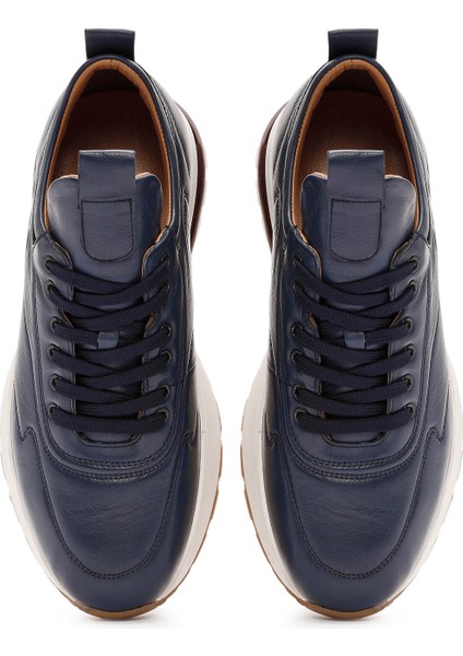 Erkek Lacivert Bağcıklı Kalın Tabanlı Deri Sneaker 25WFD642318