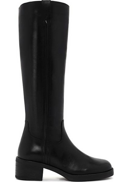 Kadın Siyah Fermuarlı Kısa Kalın Topuklu Deri Çizme 25WFD280818