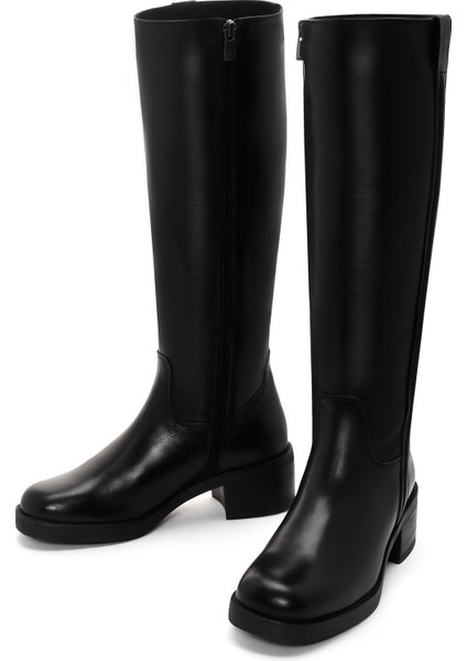 Kadın Siyah Fermuarlı Kısa Kalın Topuklu Deri Çizme 25WFD280818 modelleri