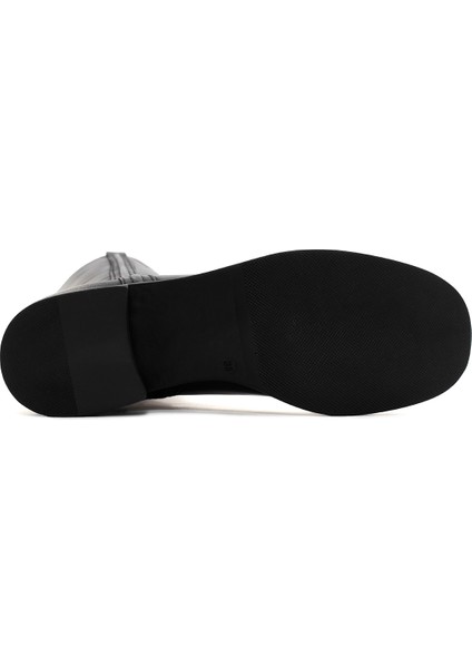 Kadın Siyah Fermuarlı Kısa Kalın Topuklu Deri Çizme 25WFD280818