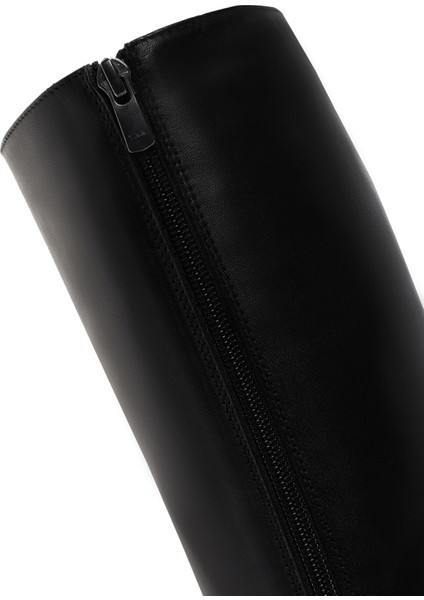 Kadın Siyah Fermuarlı Kısa Kalın Topuklu Deri Çizme 25WFD280818