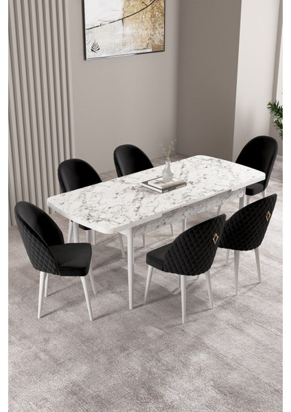 Milas Beyaz Mermer Desen 80X132 Açılabilir Mdf Masa Yemek Odası Takımı, Mutfak Takımı 6 sandalye fiyatları
