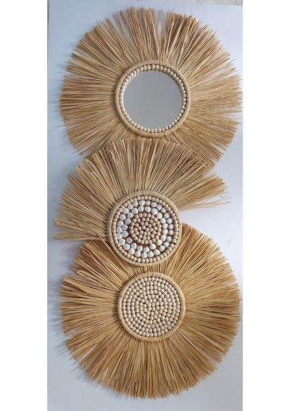 3'lü Deniz Kabuklu Rafya Ayna ve Yelpaze Dekoratif Set, Kahverengi