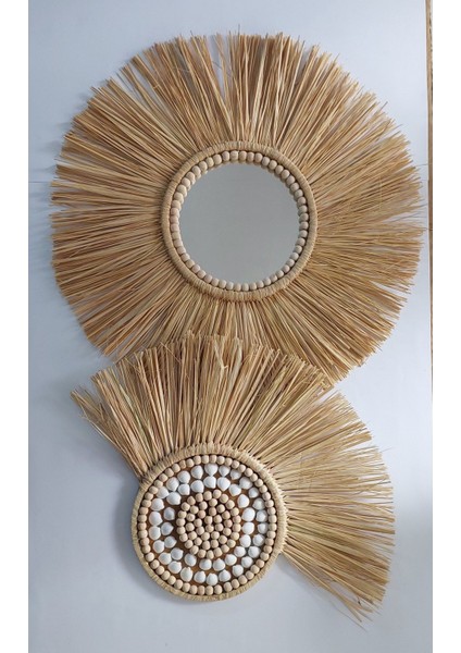 3'lü Deniz Kabuklu Rafya Ayna ve Yelpaze Dekoratif Set, Kahverengi fiyatları