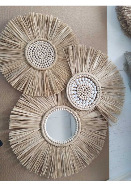 3'lü Deniz Kabuklu Rafya Ayna ve Yelpaze Dekoratif Set, Kahverengi indirimleri