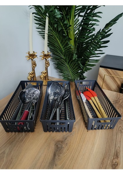 3'lü Antrasit Kaşıklık Düzenleyici, Çekmece Için Mutfak Organizer Seti