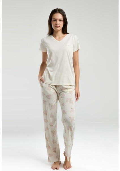 Kadın Beyaz Kısa Kol Pijama Takım