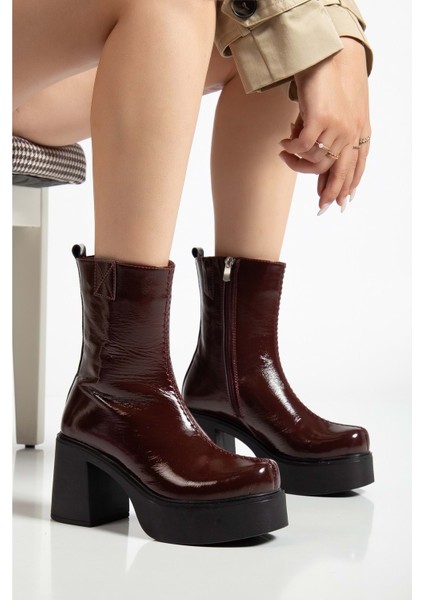 Kadın Hakiki Deri Kalın Tabanlı Topuklu Bot - Bordo Rugan