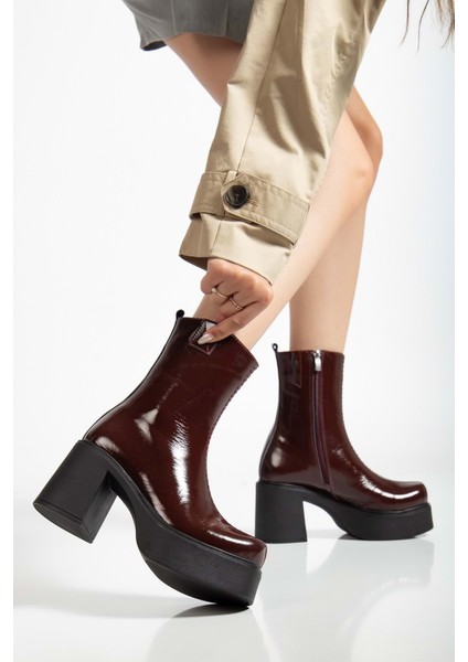 Kadın Hakiki Deri Kalın Tabanlı Topuklu Bot - Bordo Rugan fiyatları
