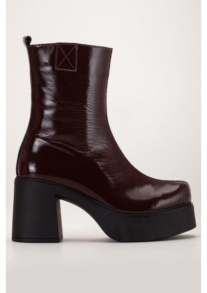 Kadın Hakiki Deri Kalın Tabanlı Topuklu Bot - Bordo Rugan modelleri