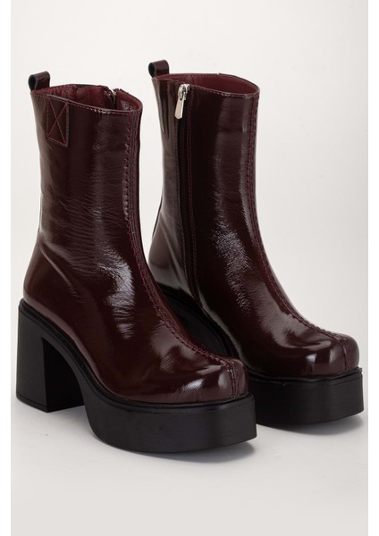 Kadın Hakiki Deri Kalın Tabanlı Topuklu Bot - Bordo Rugan fırsatları