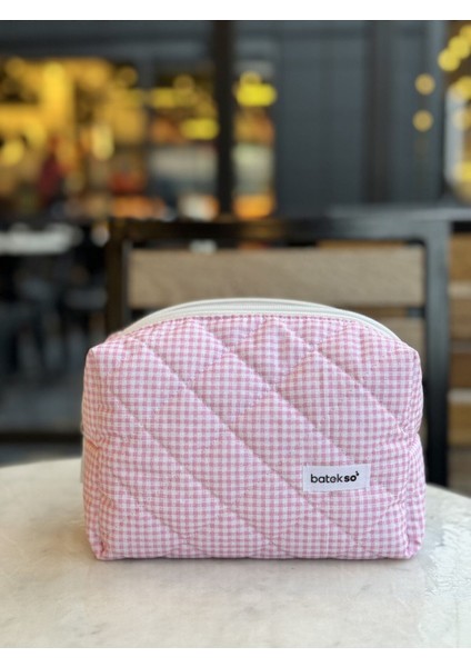 Pembe Kare Desenli Makyaj Çantası - Büyük Boy