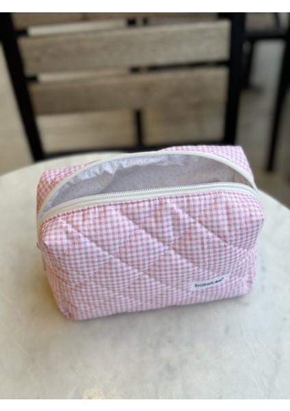 Pembe Kare Desenli Makyaj Çantası - Büyük Boy fiyatları