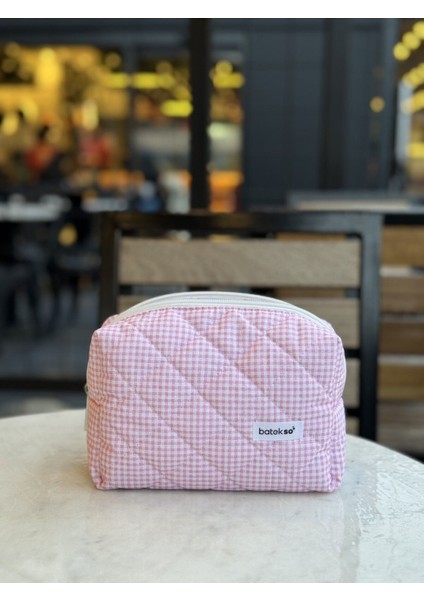 Pembe Kare Desenli Makyaj Çantası - Büyük Boy modelleri