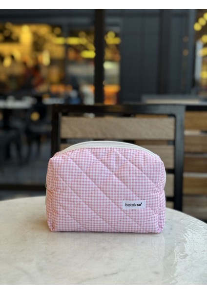 Pembe Kare Desenli Makyaj Çantası - Büyük Boy fırsatları