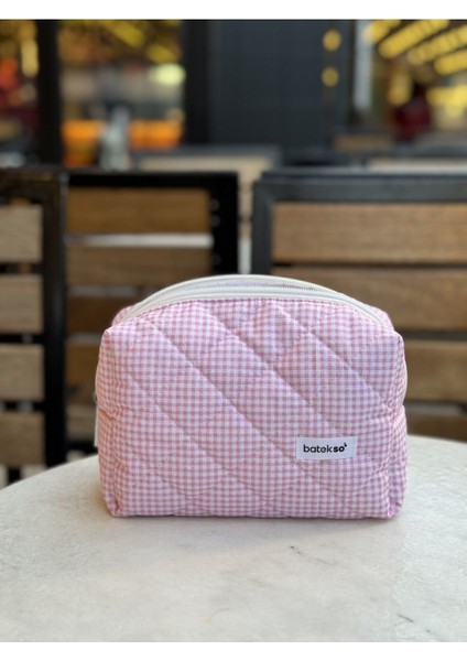 Pembe Kare Desenli Makyaj Çantası - Büyük Boy indirimleri