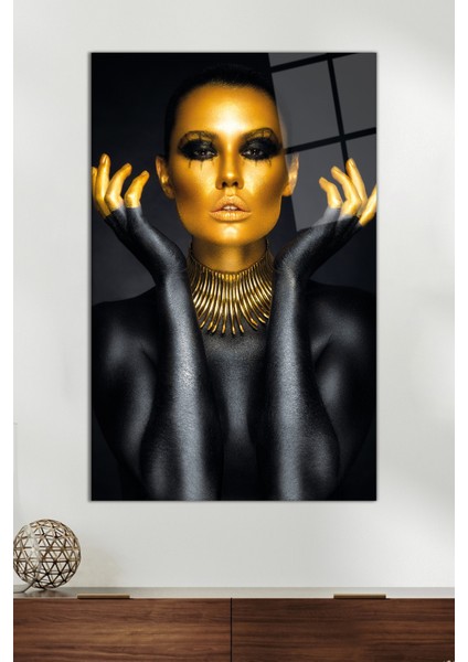 Gold Siyah Makyajlı Kadın Cam Tablo, Modern Ev Ofis Dekor, Hediyelik Duvar Dekorasyonu, Kırılmaz Cam
