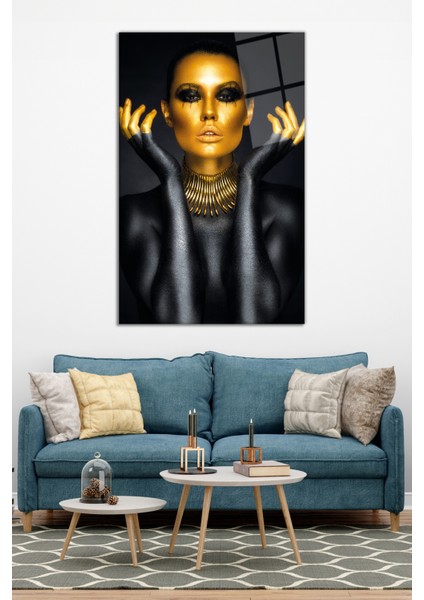 Gold Siyah Makyajlı Kadın Cam Tablo, Modern Ev Ofis Dekor, Hediyelik Duvar Dekorasyonu, Kırılmaz Cam modelleri