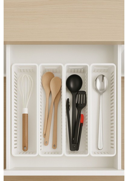 Beyaz 4'lü Modüler Kaşıklık Seti, Mutfak Düzenleyici, Çekmece Içi Organizer