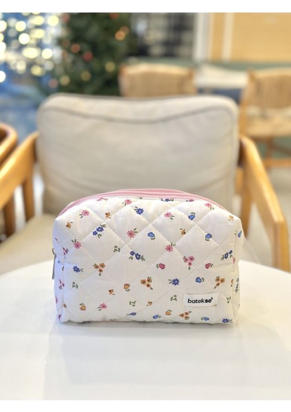 Karışık Mavi Çiçek Desenli Makyaj Çantası - Büyük Boy