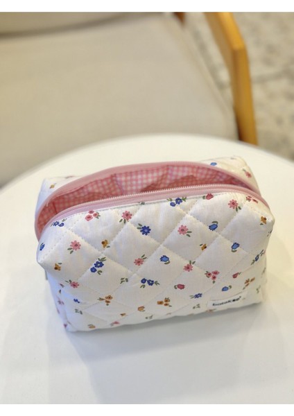 Karışık Mavi Çiçek Desenli Makyaj Çantası - Büyük Boy modelleri