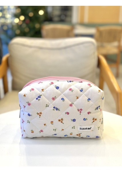 Karışık Mavi Çiçek Desenli Makyaj Çantası - Büyük Boy fırsatları