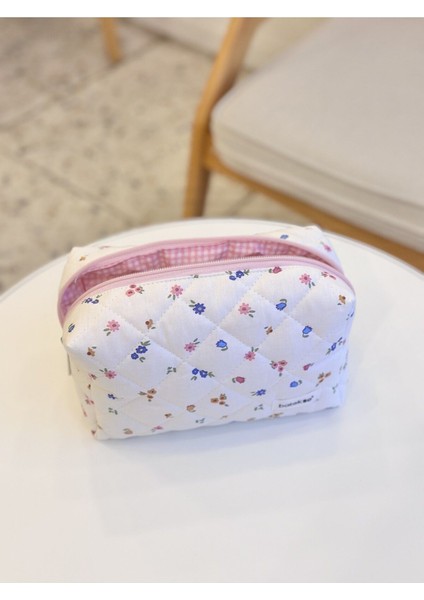 Karışık Mavi Çiçek Desenli Makyaj Çantası - Büyük Boy indirimleri