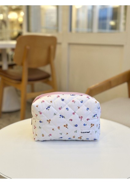 Karışık Mavi Çiçek Desenli Makyaj Çantası - Büyük Boy