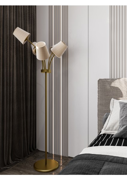 Florina Eskitme Metal 5 Beyaz Kumaş Başlıklı Asimetrik Metal Lambader