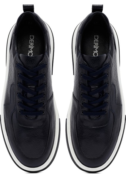 Erkek Lacivert Bağcıklı Kalın Tabanlı Deri Sneaker 25WFD6408FT