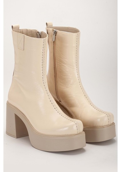 Kadın Hakiki Deri Kalın Tabanlı Topuklu Bot - Bej Rugan fırsatları