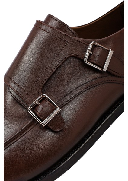 Erkek Kahverengi Çift Tokalı Deri Klasik Ayakkabı 25WFD603418