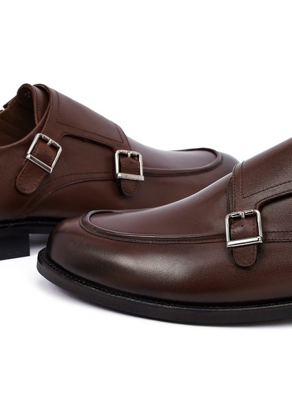Erkek Kahverengi Çift Tokalı Deri Klasik Ayakkabı 25WFD603418
