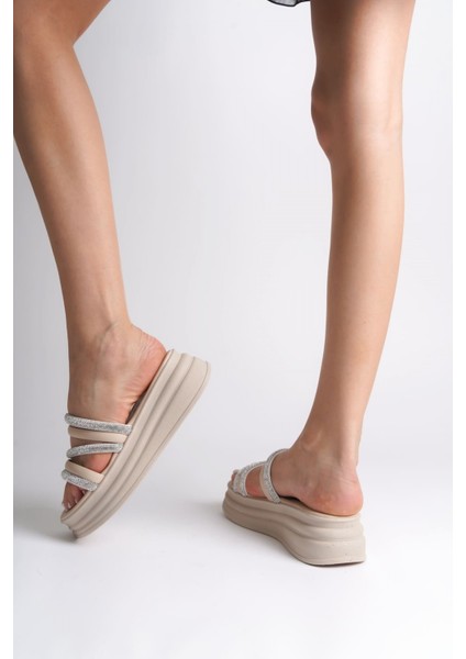 Elıse Düz Topuklu Şeritli Taşlı Kalın ve Ortopedik Taban Kadın Terlik Kt - Krem indirimleri