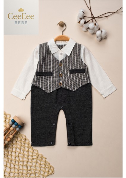 Erkek Bebek Gömlek Yelek Tüy Biyeli Tulum Takım