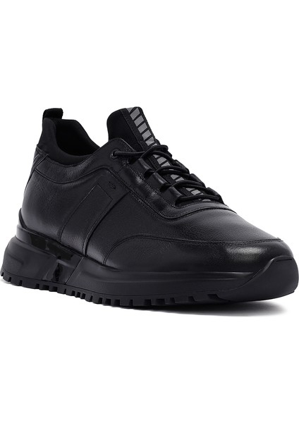 Erkek Siyah Bağcıklı Kalın Tabanlı Deri Casual Sneaker 25WFD642218