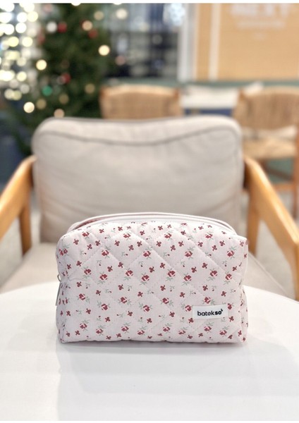 Bordo Kurdele Desenli Makyaj Çantası - Büyük Boy