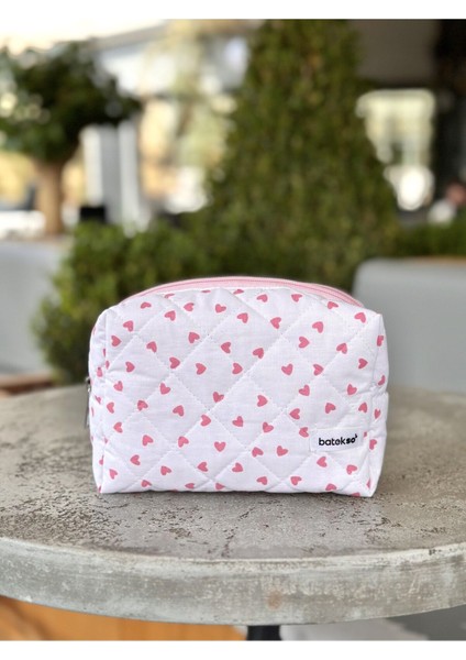 Pembe Kalp Desenli Makyaj Çantası - Büyük Boy
